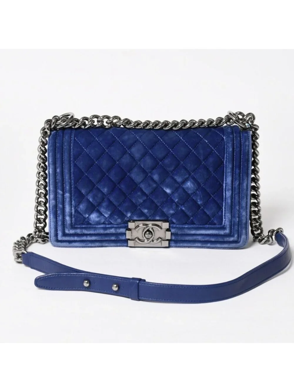 Chanel Boy Chain Shoulder Bag CC Logo Velvet Leather Blue